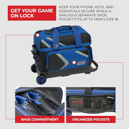 BSI Dash Roller Bowling Bag with Smooth Rolling Wheels, Padded Ball Compartment, Retractable Locking Handle, & Shoe Pocket - color: Black/Blue/Gray, style: Double