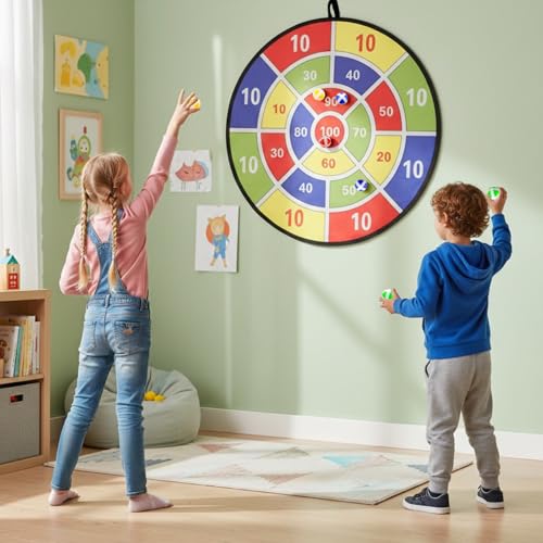 Sticky Ball Dart Board Game, 29.1 in / 74 cm Fabric Dartboard with 12 Sticky Balls and 1 Dart, Safe for Youngsters, Outdoor Throwing Game, Foldable for Storage