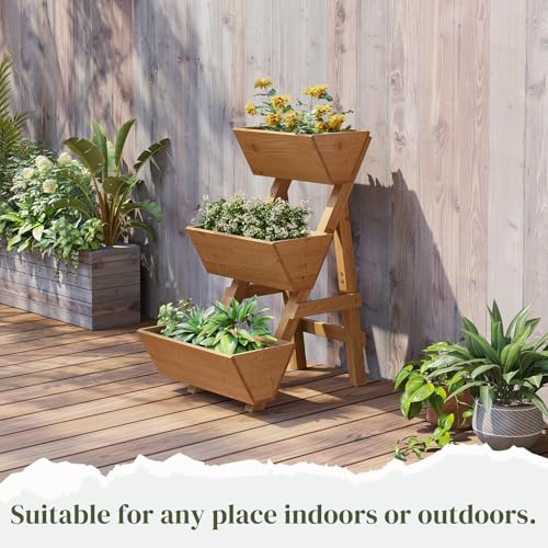 3-Tier Wooden Vertical Raised Garden Bed with Legs, Tiered Planter Box, Vertical Garden Planter,Wood Plant Stand Wood Flower Rack for Patio, Balcony, Freestanding (Brown-Small) - color: Brown, size: Small