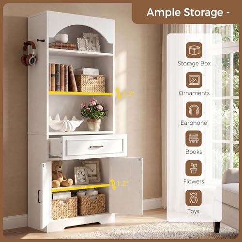 IRONCK Bookshelf, 6 Tiers Bookcase with Storage Cabinet and Drawer, 71" Display Storage Shelves with Side Hooks for Living Room, Home Office