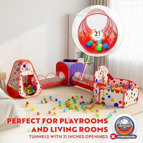 Playz 5-Piece Kids Play Tents Crawl Tunnels and Ball Pit Popup Bounce Playhouse Tent with Basketball Hoop for Indoor and Outdoor Use with Red Carrying Case - color: Red