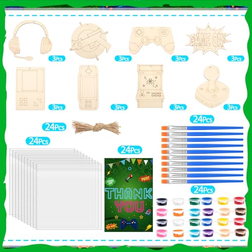 Saypacck 24 Pcs Video Game Party Favors Wooden Painting Craft Kits Birthday Party Supplies with Organza Bag for Goodie Bags Fillers Adult Thank You Gifts - style: Game Theme