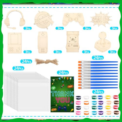 Saypacck 24 Pcs Video Game Party Favors Wooden Painting Craft Kits Birthday Party Supplies with Organza Bag for Goodie Bags Fillers Adult Thank You Gifts - style: Game Theme