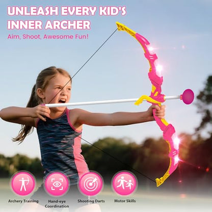 VATOS 2 Pack Bow and Arrow Toy with LED Light - 4 in 1 Archery & Dart Game Set with 20 Suction Cup Arrows, Mermaid Glow Target & Dart Board - Indoor/Outdoor Birthday Gift for Kids Boys Girls Ages 5-12 - color: Pink