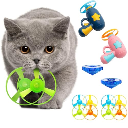 14 Pieces Cat Fetch Toys, Interactive Flying Cat Toy with 2 Light Up Spinning Tops, 10 Flying Propellers, Cat Kitten Tracks Interactive Toy for Training Hunting Chasing - color: Dark Blue+Pink