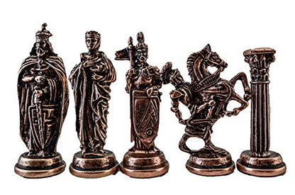 Medieval British Army Antique Copper Metal Chess Set for Adults,Handmade Pieces and Natural Solid Wooden Chess Board with Storage Inside King 3.35inc