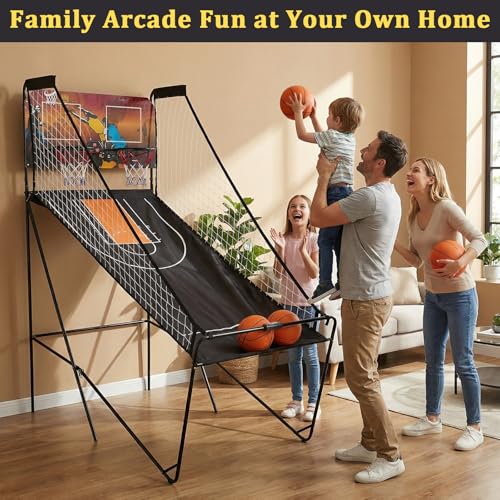 Foldable Dual Shot Basketball Arcade Game for Game Room | Folding 2 Player Indoor Basketball Shooting Game with 4 Balls, Dual Hoops, Inflation Pump, Electronic Scoreboard, 8 Game Modes