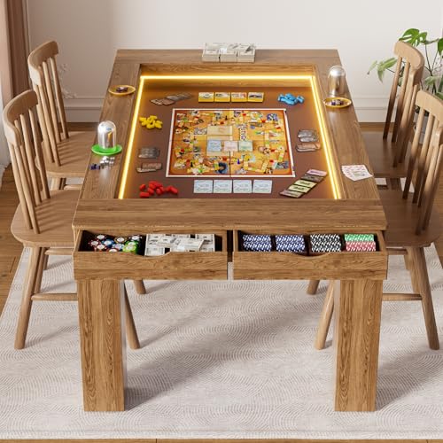 PAKASEPT Board Game Table with Removable Table Top, Gaming Table with LED Lights, Seats 4 to 6 Players with Detachable Hobby Tray for Card Games, DND, Poker, Building Blocks