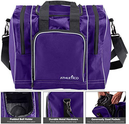 Athletico Bowling Bag for Single Ball - Single Ball Tote Bag With Padded Ball Holder - Fits a Single Pair of Bowling Shoes Up to Mens Size 14 - color: Purple