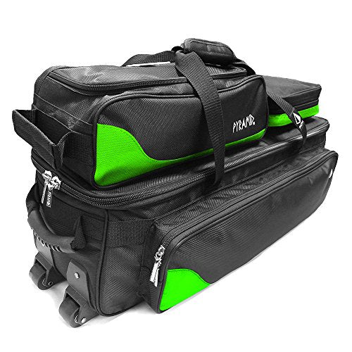 Pyramid Path Triple Tote Roller Plus Bowling Bag with Detachable Shoe Bag (Fits US Mens Size 15), Accessory and Side Pocket, Lightweight Travel Design - color: Black/Lime Green