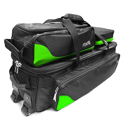 Pyramid Path Triple Tote Roller Plus Bowling Bag with Detachable Shoe Bag (Fits US Mens Size 15), Accessory and Side Pocket, Lightweight Travel Design - color: Black/Lime Green