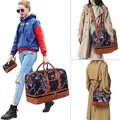 Weekender Bag for Women, Large Overnight Bag Canvas Travel Duffel Bag Carry On Tote with Shoe Compartment 21" 3Pcs Set - color: A08-brown+black flower