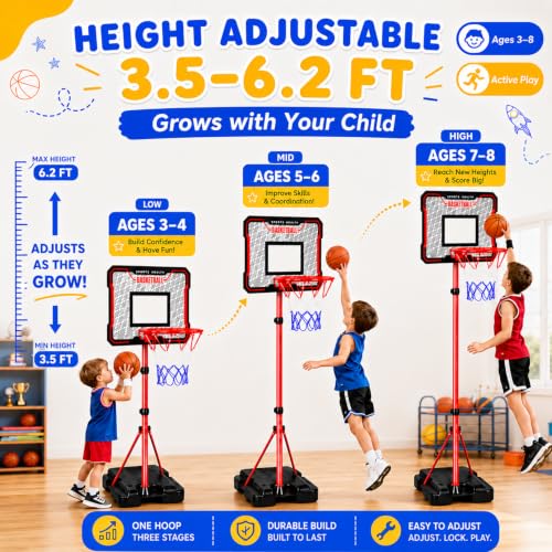 2-in-1 Kids Basketball Hoop with Flip Backboard & Space Target Game, Height Adjustable 3.5-6.2 FT for Ages 3-8, Indoor & Outdoor Play Set with Pump, Mini Basketballs, Sticky Target Balls & Soft Darts