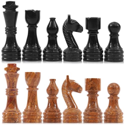 Marble Chess Pieces 3.5 Inch King Handmade Black and Dark Brown 32 Chess Figures for Board Games, Suitable for Travel Games - color: Black and Dark Brown