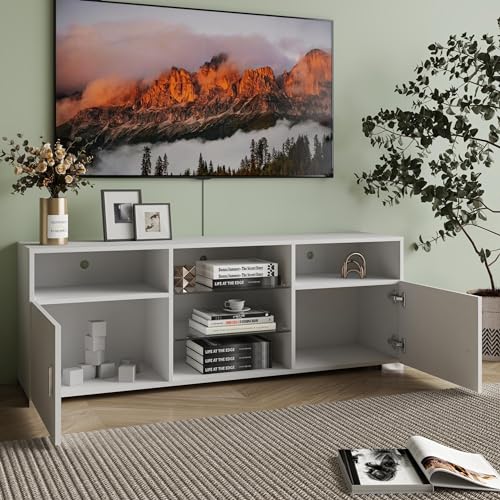 Media Storage Cabinet with LED Lights, Media Console with Adjustable Shelves, TV Console Stand for Household Gaming Spaces, White