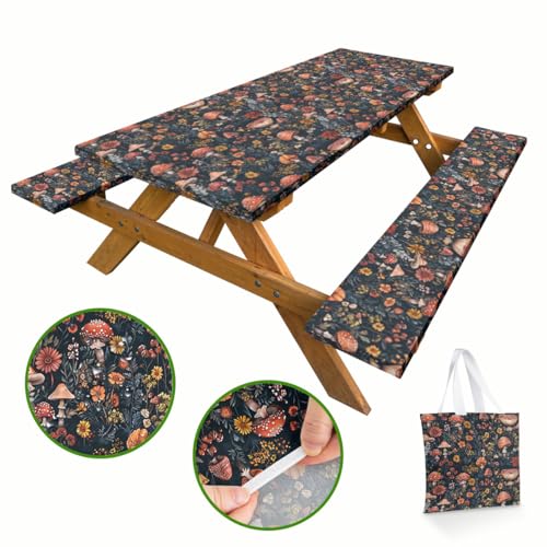 Mushroom Picnic Table Cover with Bench Covers and Carrying Bag, Forest Floral Plant Retro Rectangle Table Cover, Outdoor Patio Camping Essentials 6FT 4PCS, Camping Fitted Tablecloth