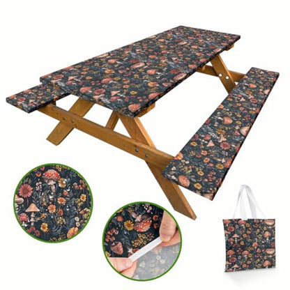 Mushroom Picnic Table Cover with Bench Covers and Carrying Bag, Forest Floral Plant Retro Rectangle Table Cover, Outdoor Patio Camping Essentials 6FT 4PCS, Camping Fitted Tablecloth