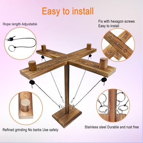 Ring Toss Game, Ring and Hook Game, Patio Games, Ring toss Game for Adults,Games for Adults Party,Handmade Wooden Interactive Game Home and Party Fun, Yellow-Brown - style: M