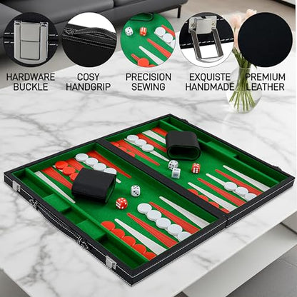 Backgammon Sets for Adults, 15" Backgammon Set Leather Large, Travel Backgammon Board Games - Classic Board Game (Green Inner Lining) - color: Green
