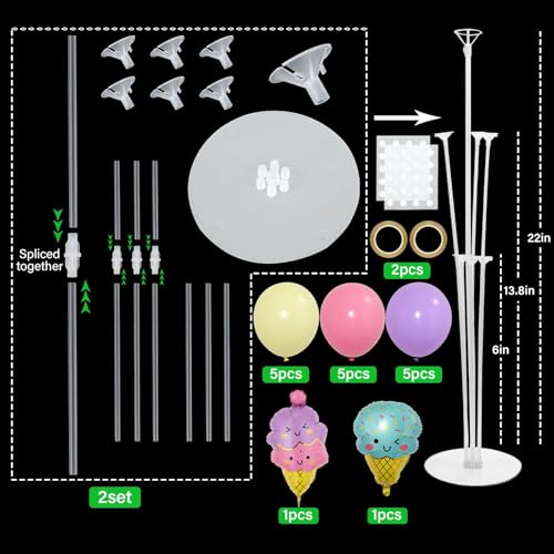 Ice Cream Party Balloons Stand Kit 2 Sets with 2 Macaron Ice Cream Foil Balloons Pastel Sweet One Birthday Balloon Centerpiece for Tables for Girl Birthday Valentine's Day Baby Shower Party Decoration - style: Ice Cream