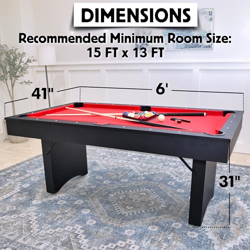 Freetime Fun 6 FT Pool Table, No Assembly, Portable, Includes Billiard Tables Accessories- 2 Pool Cues, Set of Balls, Triangle, Pool Table Brush, Chalk - color: Red Felt
