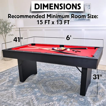 Freetime Fun 6 FT Pool Table, No Assembly, Portable, Includes Billiard Tables Accessories- 2 Pool Cues, Set of Balls, Triangle, Pool Table Brush, Chalk - color: Red Felt