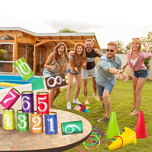 Hxezoc 36 Pack Carnival Games Set, 4 in 1 Soft Plastic Cones Cornhole Bean Bags Ring Can Toss Carnival Games Combo for Kids Adults Carnival Birthday Party School Field Indoor Outdoor Games Supplies