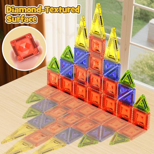 Mini Magnetic Tiles for Kids Ages 4-8, 40PCS Portable Travel Toys with Visual Storage Guide & Metal Storage Box, Compact Magnetic Building Blocks for Toddlers 3-5 Travel Activities - style: Diamond Texture Mini Magnetic Tiles - 40 PCS