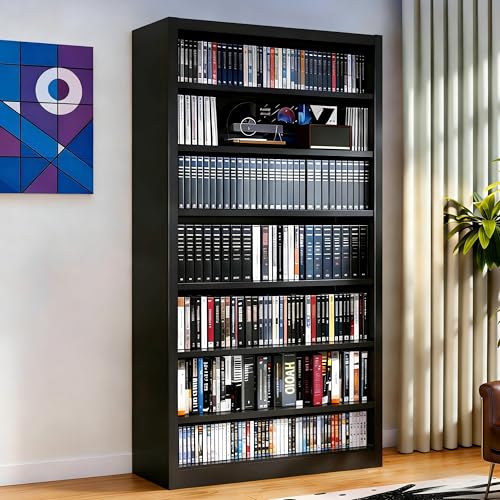 7 Tier DVD Storage Cabinet Shelf, Metal Media Storage Shelf with Adjustable Shelves, CD DVD Display Cabinet for Living Room & Home Office (Black) - color: Black, size: 7 Tier