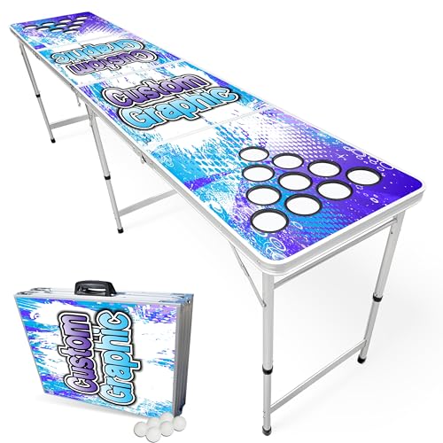 8-Foot Regulation Length Folding Table w/Optional Cup Holes, LED Lights, Custom Graphic (Choose Your Model) - color: Custom, style: w/ Cup Holes