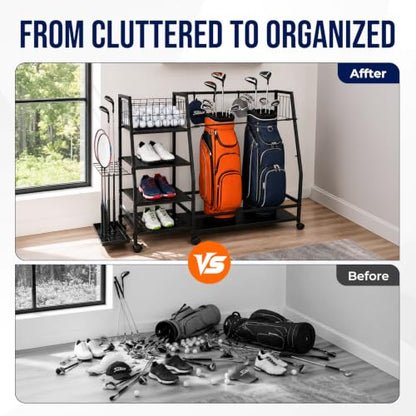 Golf Bag Storage Rack, Heavy Duty Golf Organizer with 4 Storage Zones & Lockable Wheels, Multi-Function Golf Bag Stand for Garage Basement Golf Club