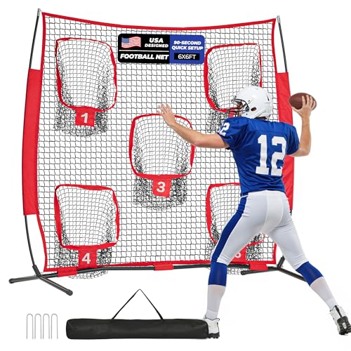 7x7ft/8x8ft Football Throwing Net, Quarterback Training Equipment with 5 Target Pockets, Includes Football, Portable Carry Bag - color: Red, size: 6x6ft