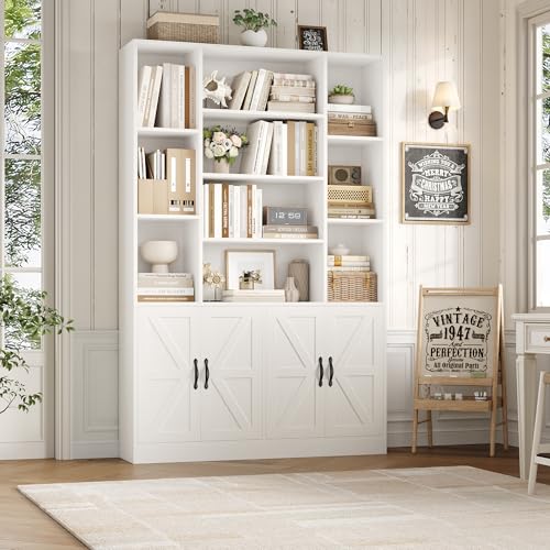 HOSTACK 72” Tall Book Shelf and Bookcase, White Bookshelf with Storage Cabinet, 45” Wide Bookcase with 4 doors, Standing Display Shelves, Modern Farmhouse Book Case for Living Room, Home Office, White - color: White