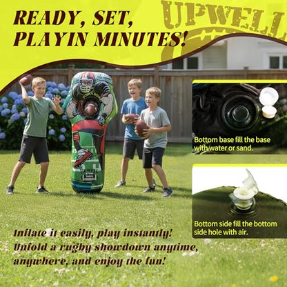UPWELL Inflatable Football Target Set - 6ft Blow Up Toy for Fun Toss Games, Soft Footballs, Indoor/Outdoor Play, Perfect for Kids' Birthday Parties & Backyard Carnival Games