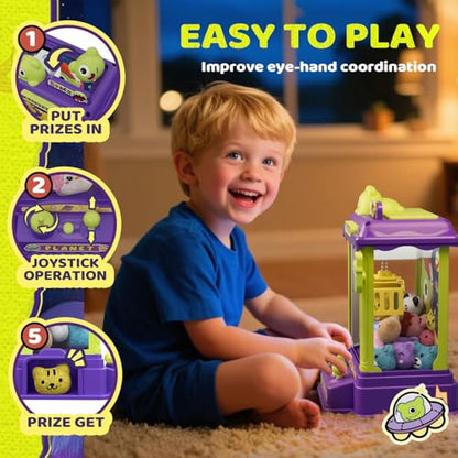 Monster Mini Claw Machine for Kids, Compact Arcade Prize Grabber with Rotating Knob and Joystick Control, Lights and Music, Small Reward Game for Ages 3 and Up