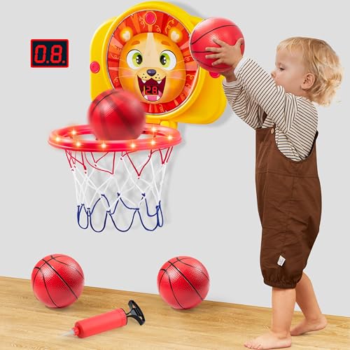 SYNCFUN Mini Basketball Hoop LED Scoring Indoor Hoop with 2 Balls, Indoor Adjustable Height Basketball Hoop, Space-Saving, Christmas Birthday Gifts Toy for Boy Girl Over 18 Months - style: Lion