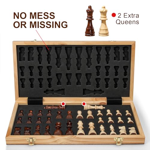 Vahome Magnetic Chess Set for Adults & Kids, 15" Wooden Folding Chess Boards, Handcrafted Portable Travel Chess Game with Pieces Storage Slots, 2 Extra Queens - size: 15 inches