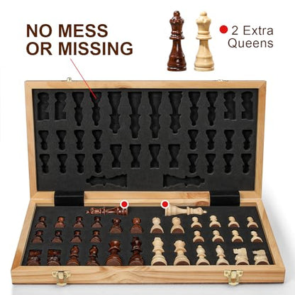Vahome Magnetic Chess Set for Adults & Kids, 15" Wooden Folding Chess Boards, Handcrafted Portable Travel Chess Game with Pieces Storage Slots, 2 Extra Queens - size: 15 inches