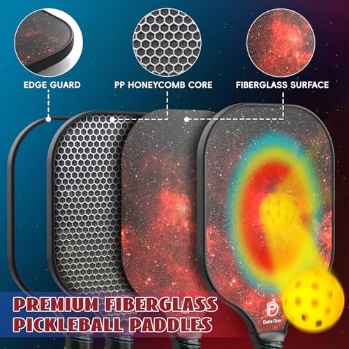 Dulce DOM Pickleball Paddles Set of 2/4 - USAPA Approved, 4 Indoor Outdoor Pickleball Balls, Fiberglass Surface Paddle Racket with Cover Bag, Ideal Training Equipment Gift for Men & Women - color: Red*4