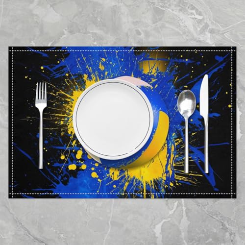 Volleyball Placemat Set of 4,Tie Dye Blue Yellow Outdoor Indoor Place Mats,Ball Games Sports Washable Durable Table Mats 12x18 Inch - color: Blue Yellow White