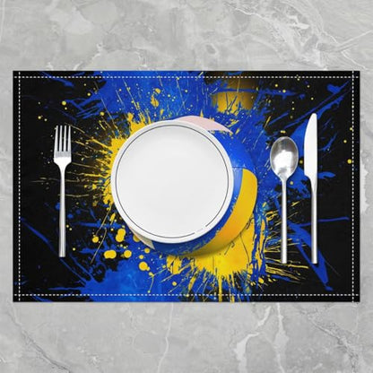 Volleyball Placemat Set of 4,Tie Dye Blue Yellow Outdoor Indoor Place Mats,Ball Games Sports Washable Durable Table Mats 12x18 Inch - color: Blue Yellow White