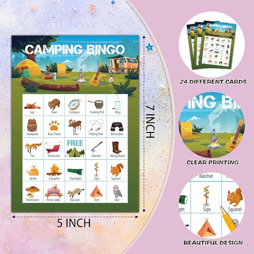 Camping Bingo Cards, Camp Bingo Games for 24 Players, Camp Adventure Games for Family Friends Large Group Activities, Hike Field Trip Holiday Party Favors Supplies Decorations(24) - style: Camping