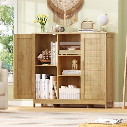 Iwell Rattan Storage Cabinet with 4 Adjustable Shelves, Coffee Bar Cabinet, Sideboard Buffet for Kitchen, Living Room, Entryway, Natural - color: Natural