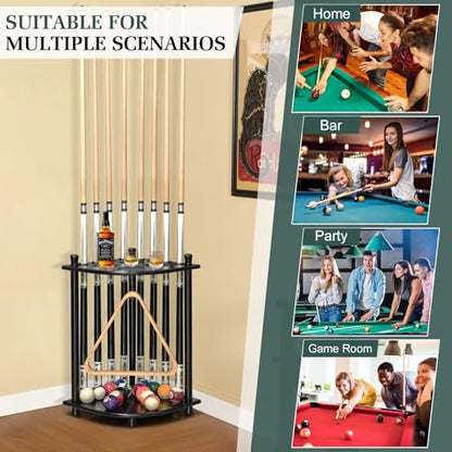 Pool Stick Holder Floor Stand, Pool Cue Rack Holder up to 8 Cues Sticks, Solid Wood Billiards Stick Holder Pool Stick Stand Corner for Game Room, Club,Pool Table Accessories (Black) - style: Black