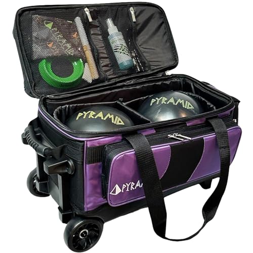 Pyramid Deluxe Double Roller 2 Ball Bowling Bag with Large Separate Shoe Compartment (Up To 2 Pairs Of Shoes) and Accessory Pockets, Sturdy Square Handle - Extends to 40" - Pro Options Available - color: Pro Black/Purple