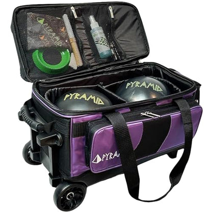 Pyramid Deluxe Double Roller 2 Ball Bowling Bag with Large Separate Shoe Compartment (Up To 2 Pairs Of Shoes) and Accessory Pockets, Sturdy Square Handle - Extends to 40" - Pro Options Available - color: Pro Black/Purple
