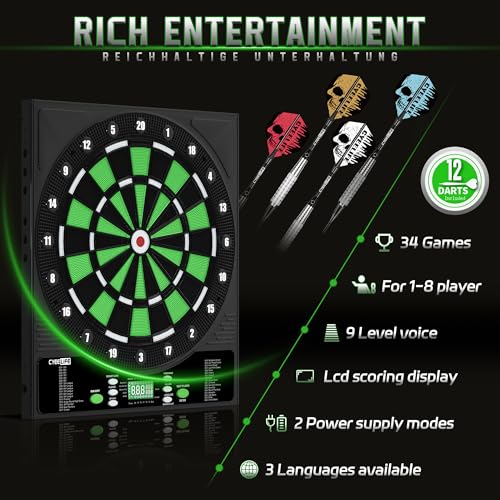CyeeLife Electronic Dart Board,Soft Tip Dartboard Set,Digital Electric Dart Boards with LED,12 Darts 24 Flights 50 Tips 2 Flight Protectors Power Adapter - color: Electronic DartBoard + Dart Set + Throw Line