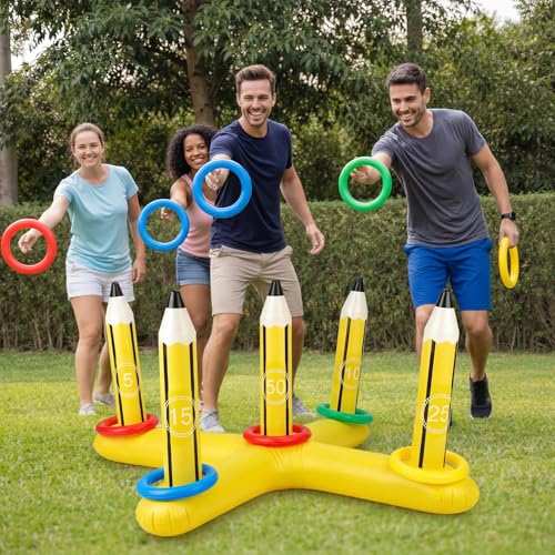 Skylety 3 ft Back to School Inflatable Pencil Ring Toss Game with 5 Colorful Rings Pool Ring Toss Toys for Family Summer Pool Birthday Party Inflatable Games Giant Outdoor Lawn & Yard