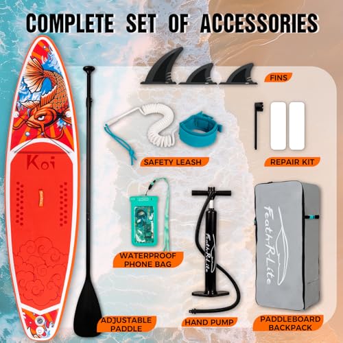 FEATH-R-LITE Inflatable Paddle Board Stand Up Paddleboards for Adults SUP with Premium Accessories Pump, Adjustable Paddle, Leash, Three Fins, Backpack - style: Red Koi