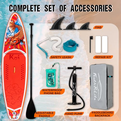 FEATH-R-LITE Inflatable Paddle Board Stand Up Paddleboards for Adults SUP with Premium Accessories Pump, Adjustable Paddle, Leash, Three Fins, Backpack - style: Red Koi